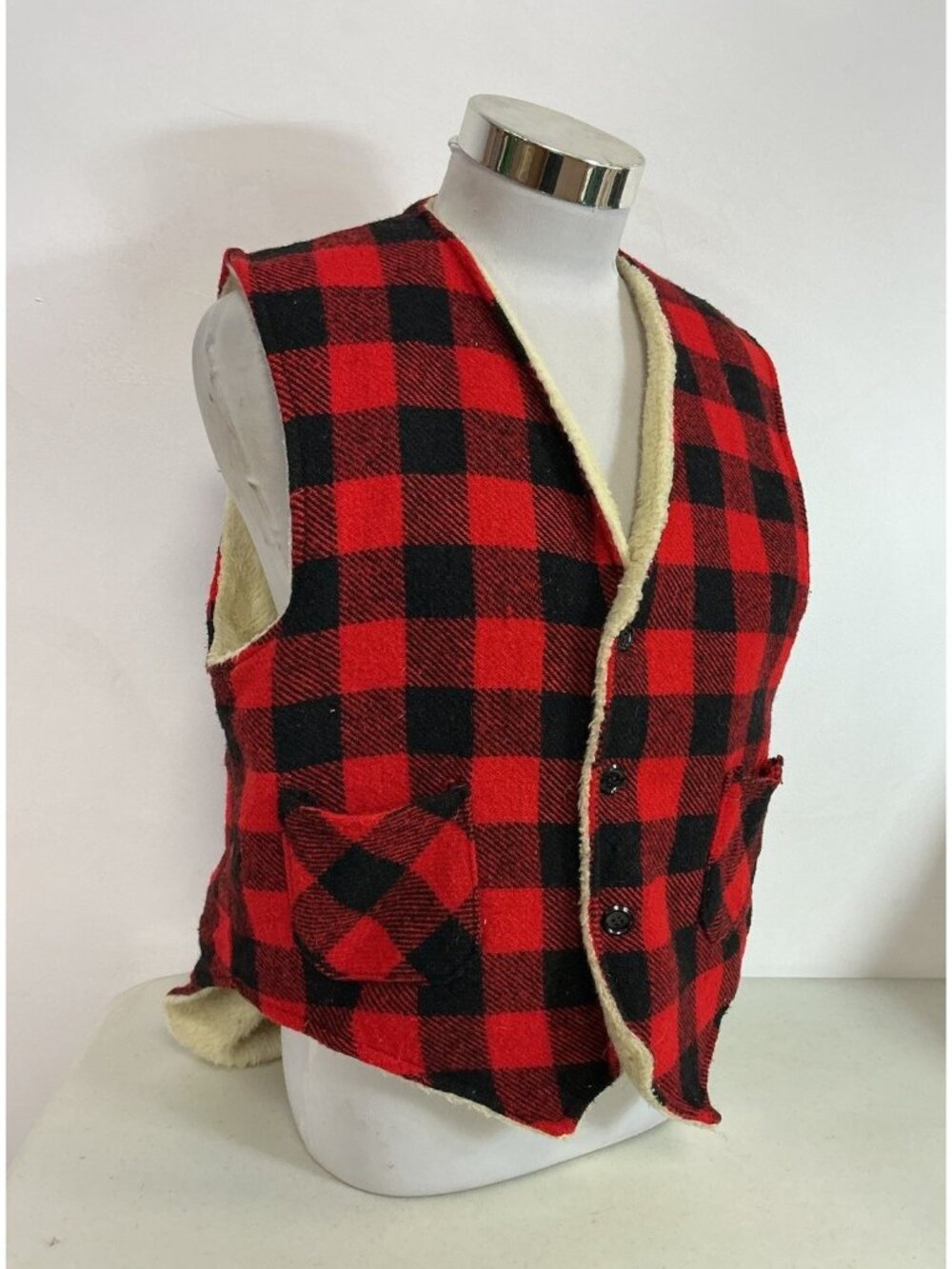 Vintage Red Buffalo Plaid Wool Vest Mens Small